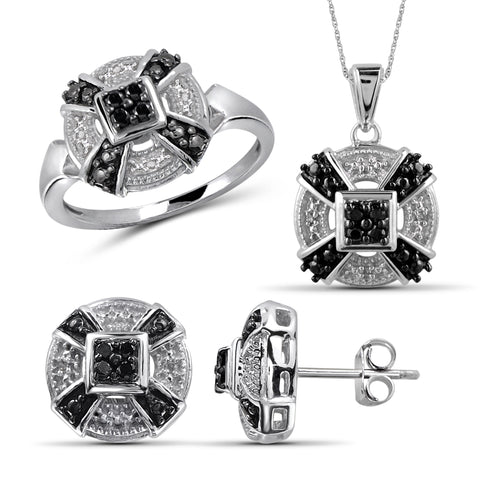 JewelonFire 1/4 Carat T.W. Black And White Diamond Sterling Silver 3 Piece Jewelry Set