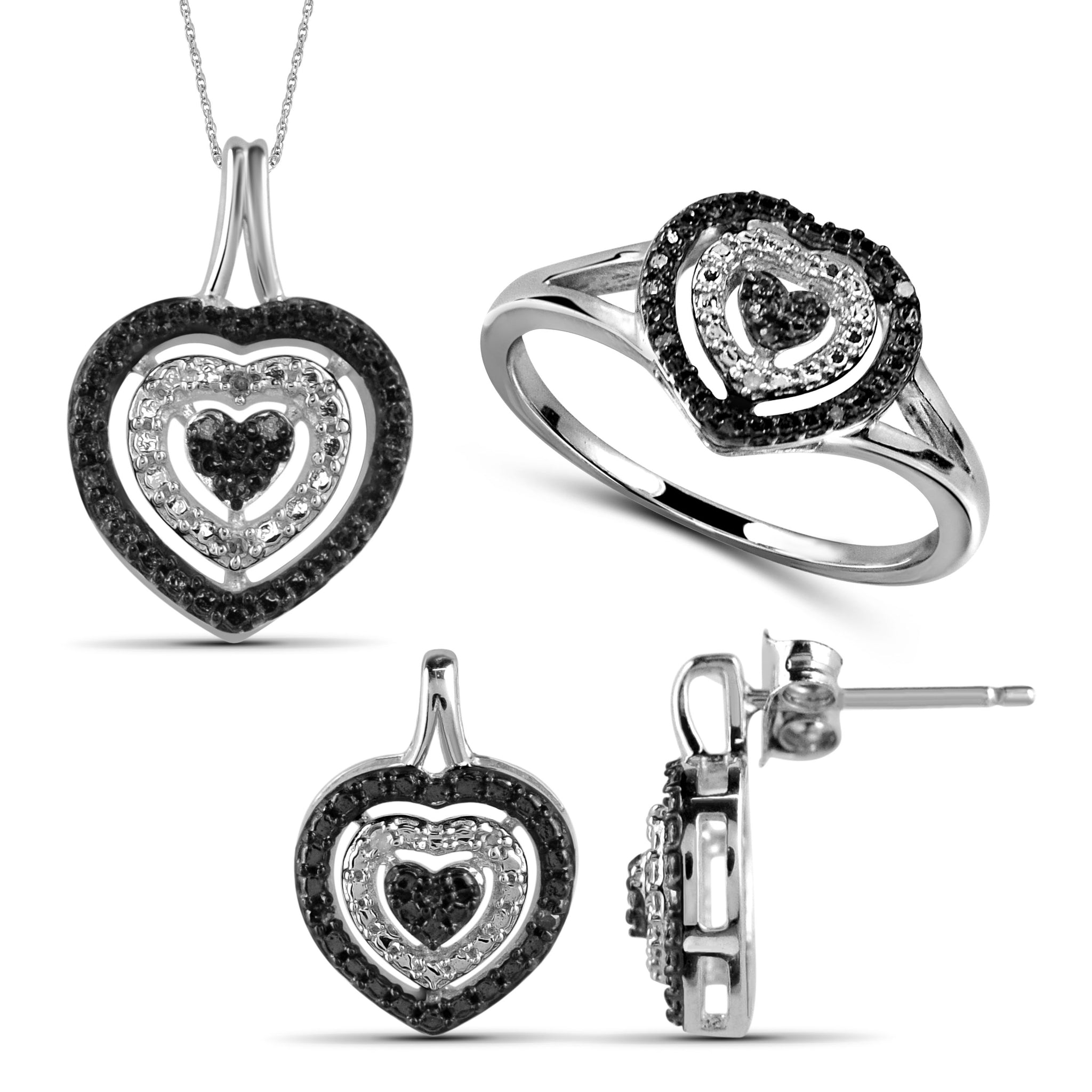 JewelonFire 1/10 Carat T.W. Black And White Diamond Sterling Silver 3 Piece Heart Jewelry Set