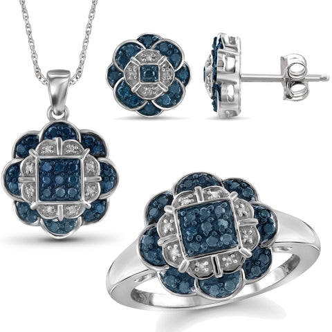 JewelonFire 1.00 Carat T.W. Blue And White Diamond Sterling Silver 3 Piece Jewelry Set