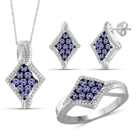 JewelonFire 1.40 Carat T.G.W. Tanzanite And 1/20 Carat T.W. White Diamond Sterling Silver 3 Piece Jewelry Set - Assorted Colors