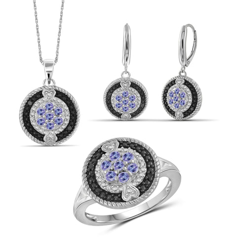 JewelonFire 1.10 Carat T.G.W. Tanzanite And 1/10 Carat T.W. Black & White Diamond Sterling Silver 3 Piece Jewelry Set - Assorted Colors