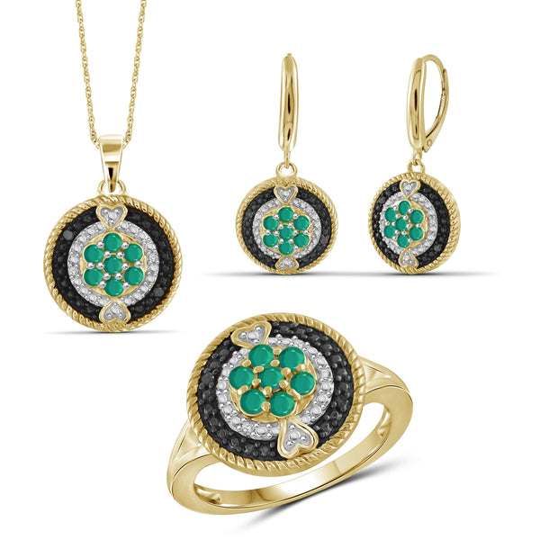 JewelonFire 1.60 Carat T.G.W. Emerald And 1/10 Carat T.W. Black & White Diamond Sterling Silver 3 Piece Jewelry Set - Assorted Colors