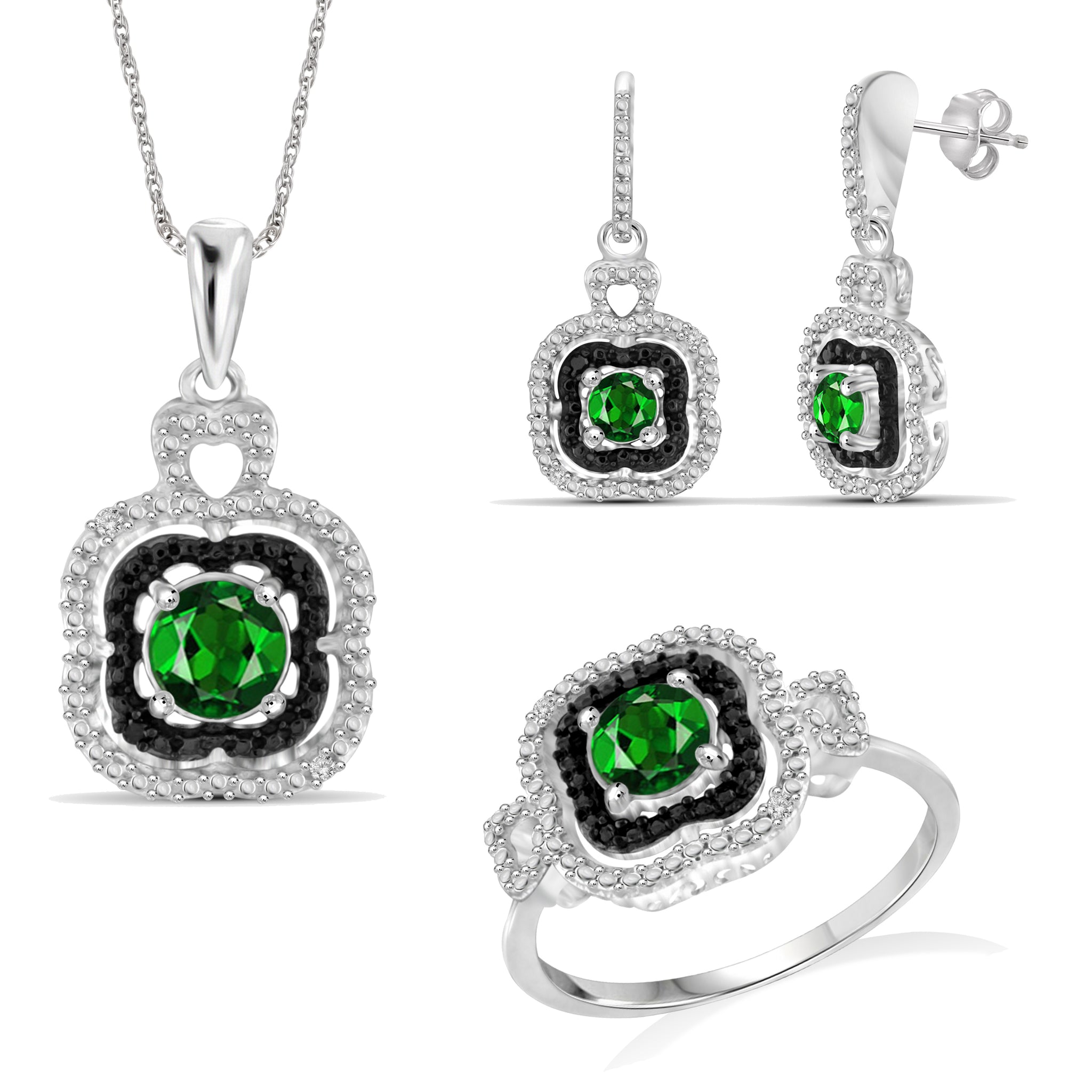 JewelonFire 1.50 Carat T.G.W. Chrome Diopside And 1/20 Carat T.W. White Diamond Sterling Silver Cluster 3 Piece Jewelry Set - Assorted Colors