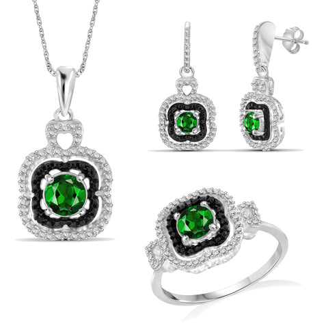 JewelonFire 1.50 Carat T.G.W. Chrome Diopside And 1/20 Carat T.W. White Diamond Sterling Silver Cluster 3 Piece Jewelry Set - Assorted Colors