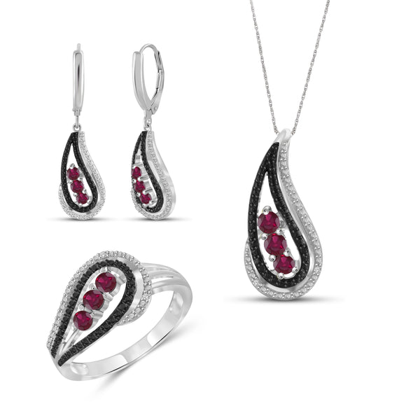 JewelonFire 1.80 Carat T.G.W. Ruby And 1/20 Carat T.W. Black & White Diamond Sterling Silver 3 Piece Jewelry Set - Assorted Colors