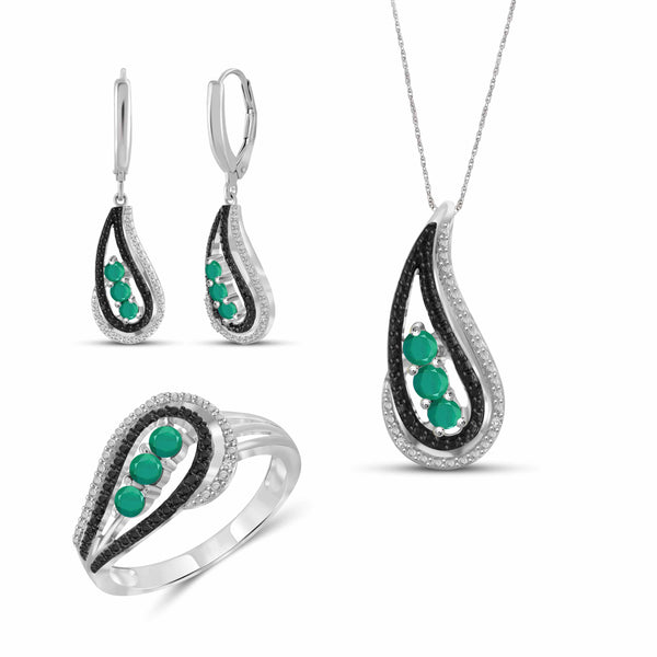 JewelonFire 1.00 Carat T.G.W. Emerald And 1/20 Carat T.W. Black & White Diamond Sterling Silver 3 Piece Jewelry Set - Assorted Colors