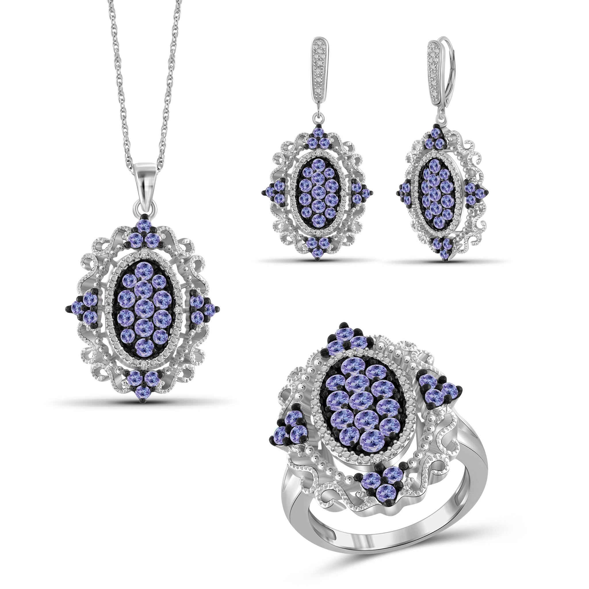 JewelonFire 5.00 Carat T.G.W. Tanzanite And 1/20 Carat T.W. White Diamond Sterling Silver 3 Piece Jewelry Set - Assorted Colors