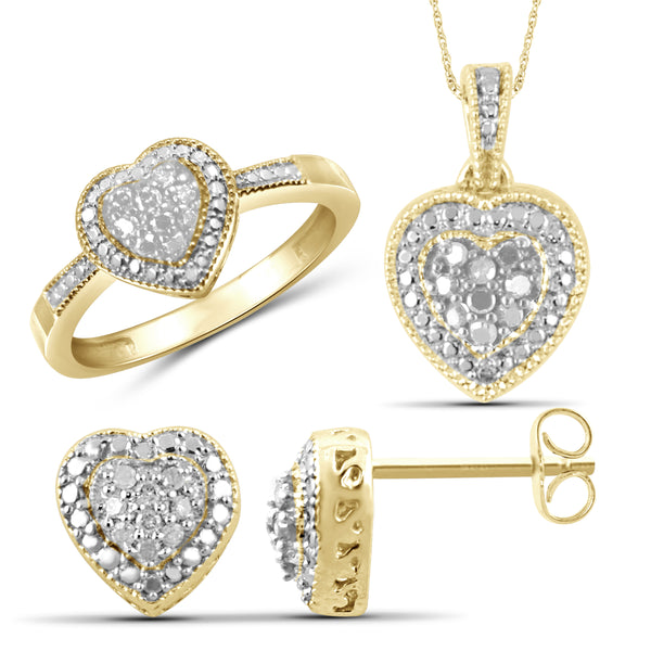 JewelonFire 1/3 Carat T.W. White Diamond Sterling Silver 3 Piece Heart Jewelry Set - Assorted Colors