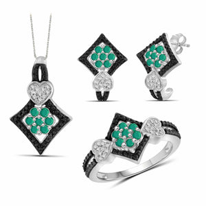 JewelonFire 1.60 Carat T.G.W. Emerald And 1/20 Carat T.W. Black & White Diamond Sterling Silver 3 Piece Jewelry Set - Assorted Colors