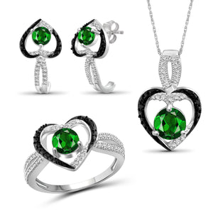 JewelonFire 2.10 Carat T.G.W. Chrome Diopside And 1/20 Carat T.W. Black & White Diamond Sterling Silver 3 Piece Jewelry Set - Assorted Colors