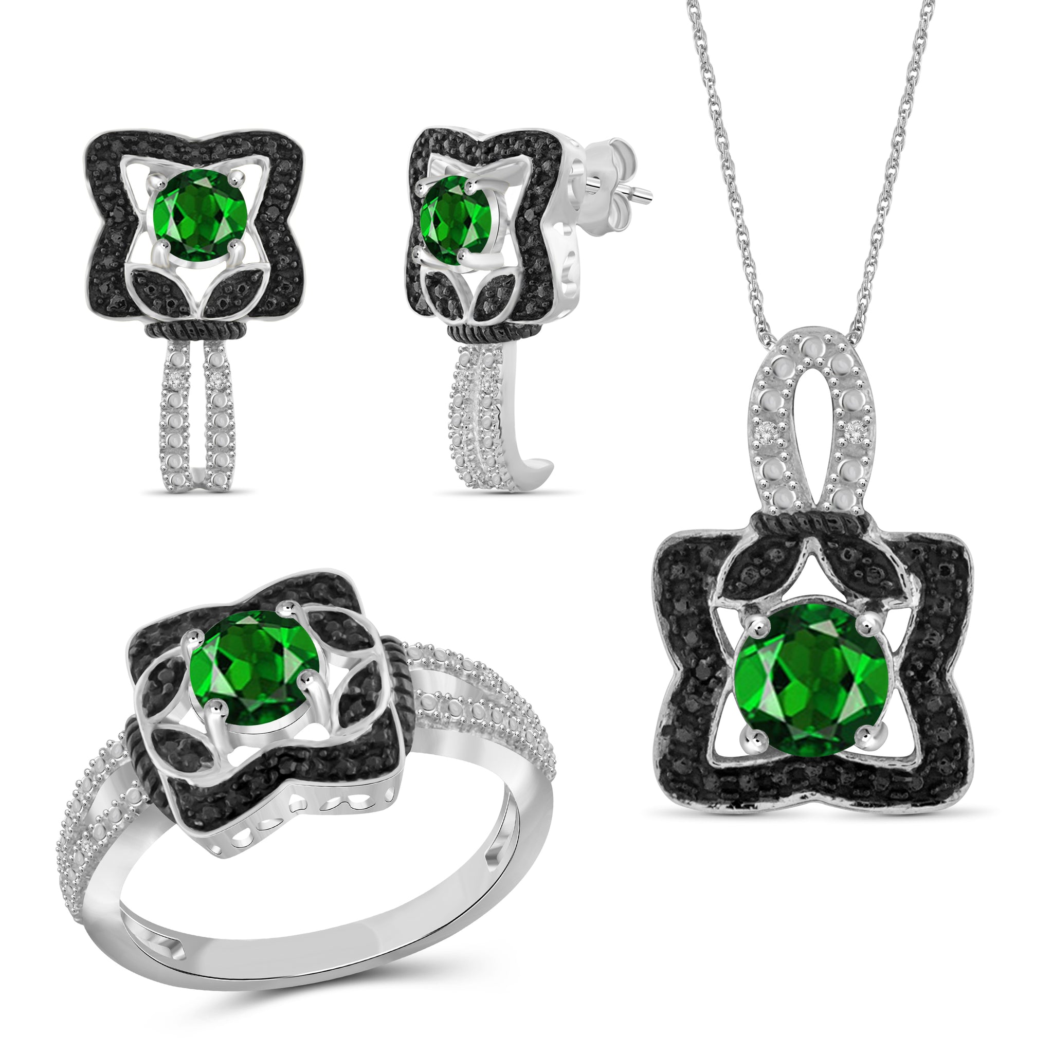 JewelonFire 2.10 Carat T.G.W. Chrome Diopside And  1/20 Carat T.W. Black & White Diamond Sterling Silver 3 Piece Jewelry Set - Assorted Colors