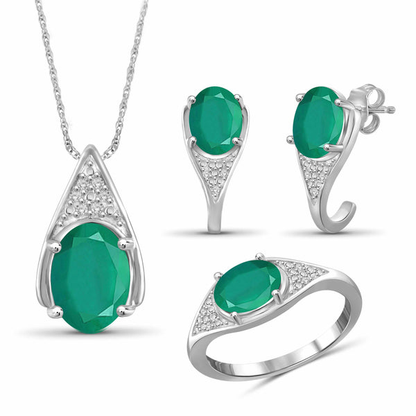 JewelonFire 5.80 Carat T.G.W. Emerald And 1/20 Carat T.W. White Diamond Sterling Silver 3 Piece Jewelry Set - Assorted Colors