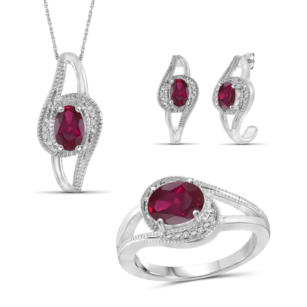 JewelonFire 3.30 Carat T.G.W. Ruby And 1/20 Carat T.W. White Diamond Sterling Silver 3 Piece Jewelry Set - Assorted Colors