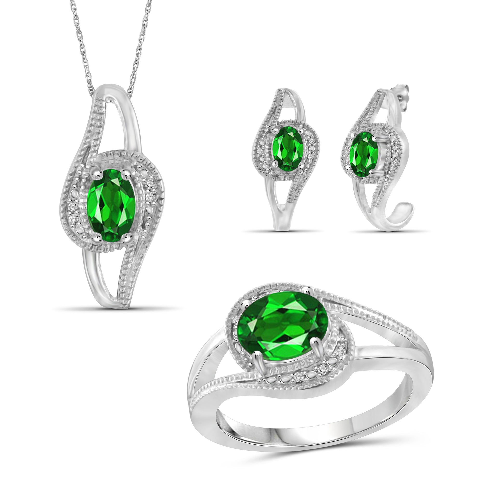 JewelonFire 2.85 Carat T.G.W. Chrome Diopside And 1/20 Carat T.W. White Diamond Sterling Silver 3 Piece Jewelry Set - Assorted Colors