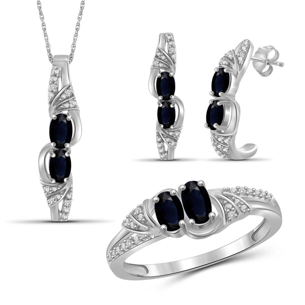 JewelonFire 2.50 Carat T.G.W. Sapphire And 1/20 Carat T,W. White Diamond Sterling Silver 3 Piece Jewelry Set - Assorted Colors