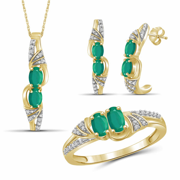 JewelonFire 1.80 Carat T.G.W. Emerald And 1/20 Carat T.W. White Diamond Sterling Silver 3 Piece Jewelry Set - Assorted Colors