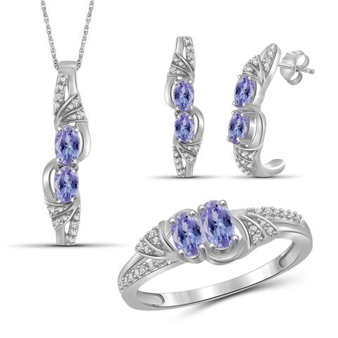 JewelonFire 1.90 Carat T.G.W. Tanzanite And 1/20 Carat T.W. White Diamond Sterling Silver 3 Piece Jewelry Set - Assorted Colors