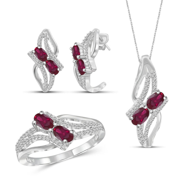 JewelonFire 2.00 Carat T.G.W. Ruby And 1/20 Carat T.W. White Diamond Sterling Silver 3 Piece Jewelry Set - Assorted Colors