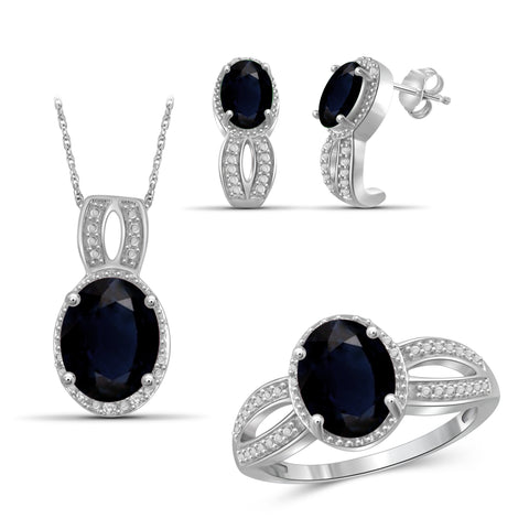 JewelonFire 7.80 Carat T.G.W. Sapphire And 1/20 Carat T.W. White Diamond Sterling Silver 3 Piece Jewelry Set - Assorted Colors