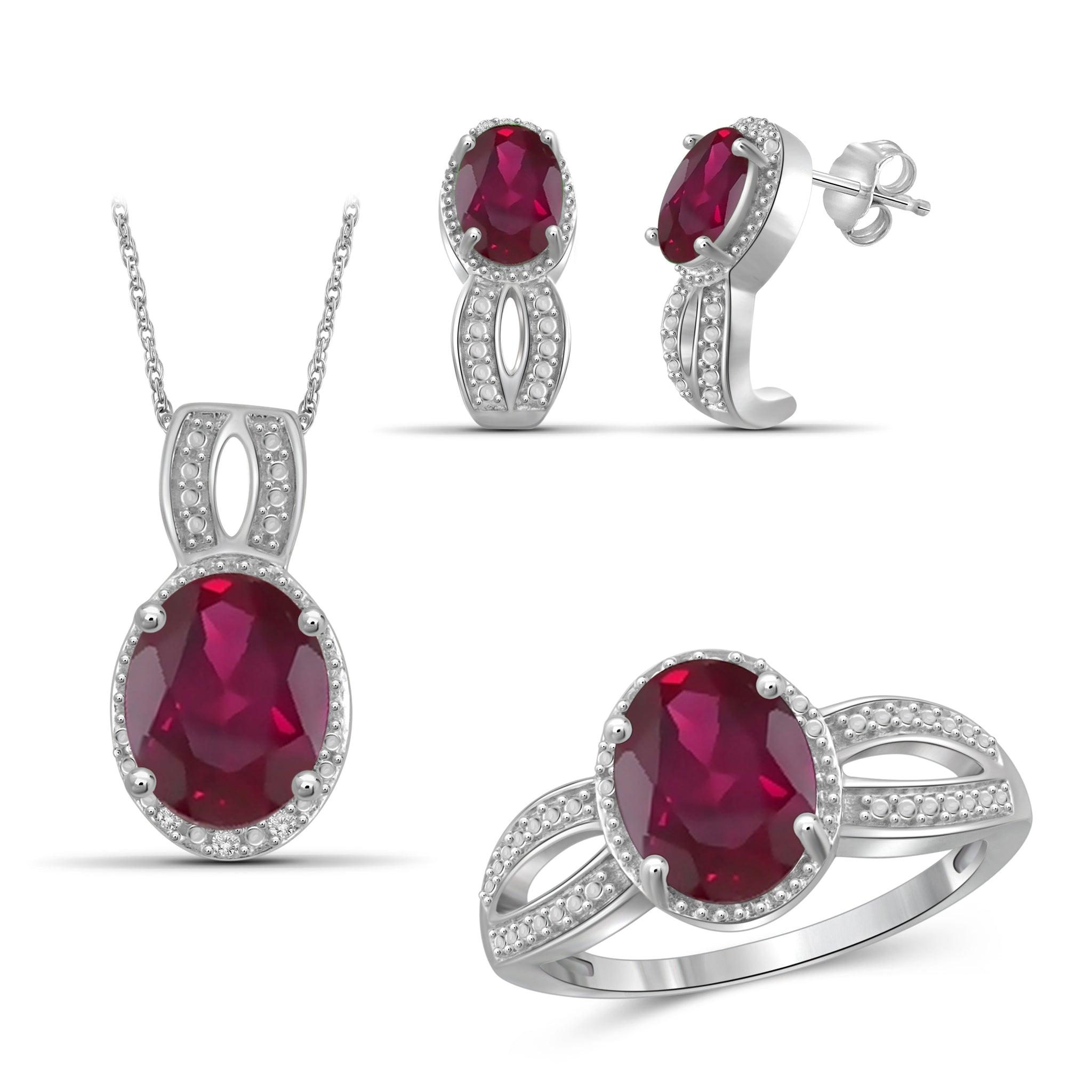 JewelonFire 9.90 Carat T.G.W. Ruby And 1/20 Carat T.W. White Diamond Sterling Silver 3 Piece Jewelry Set - Assorted Colors