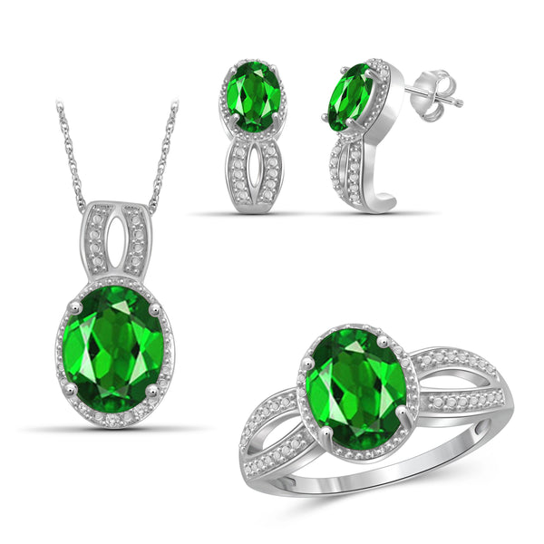 JewelonFire 6.20 Carat T.G.W. Chrome Diopside And 1/20 Carat T.W. White Diamond Sterling Silver 3 Piece Jewelry Set - Assorted Colors