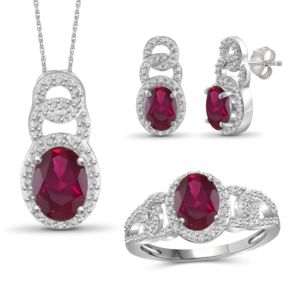 JewelonFire 5.60 Carat T.G.W. Ruby And 1/20 Carat T.W. White Diamond Sterling Silver 3 Piece Jewelry Set - Assorted Colors