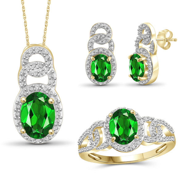 JewelonFire 4.00 Carat T.G.W. Chrome Diopside And 1/20 Carat T.W. White Diamond Sterling Silver 3 Piece Jewelry Set - Assorted Colors
