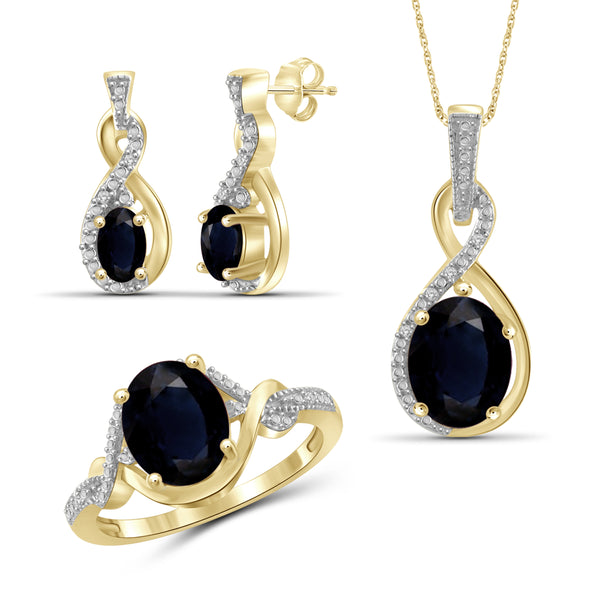 JewelonFire 4.50 Carat T.G.W. Sapphire And 1/20 Carat T.W. White Diamond Sterling Silver 3 Piece Jewelry Set - Assorted Colors
