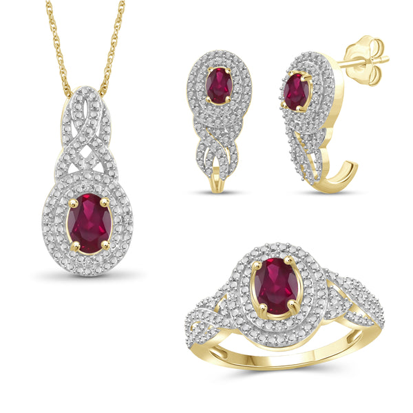 JewelonFire 2.30 Carat T.G.W. Ruby And 1/20 Carat T.W. White Diamond Sterling Silver 3 Piece Jewelry Set - Assorted Colors
