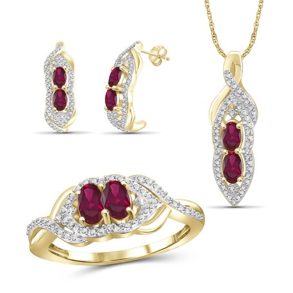 JewelonFire 2.00 Carat T.G.W. Ruby And 1/20 Carat T.W. White Diamond Sterling Silver 3 Piece Jewelry Set - Assorted Colors