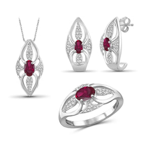 JewelonFire 1.40 Carat T.G.W. Ruby And 1/20 Carat T.W. White Diamond Sterling Silver 3 Piece Jewelry Set - Assorted Colors