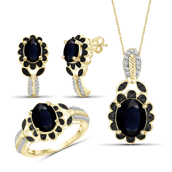 JewelonFire 6.00 Carat T.G.W. Sapphire And 1/20 Carat T.W. Black & White Diamond Sterling Silver 3 Piece Jewelry Set - Assorted Colors