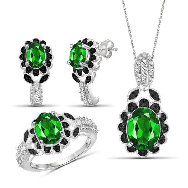 JewelonFire 4.70 Carat T.G.W. Chrome Diopside And 1/20 Carat T.W. Black & White Diamond Sterling Silver 3 Piece Jewelry Set - Assorted Colors