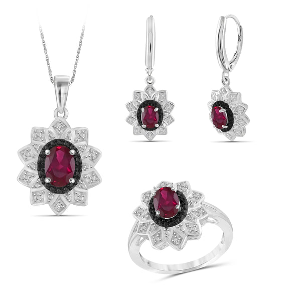 JewelonFire 2.70 Carat T.G.W. Ruby And 1/10 Carat T.W. Black & White Diamond Sterling Silver 3 Piece Jewelry Set - Assorted Colors