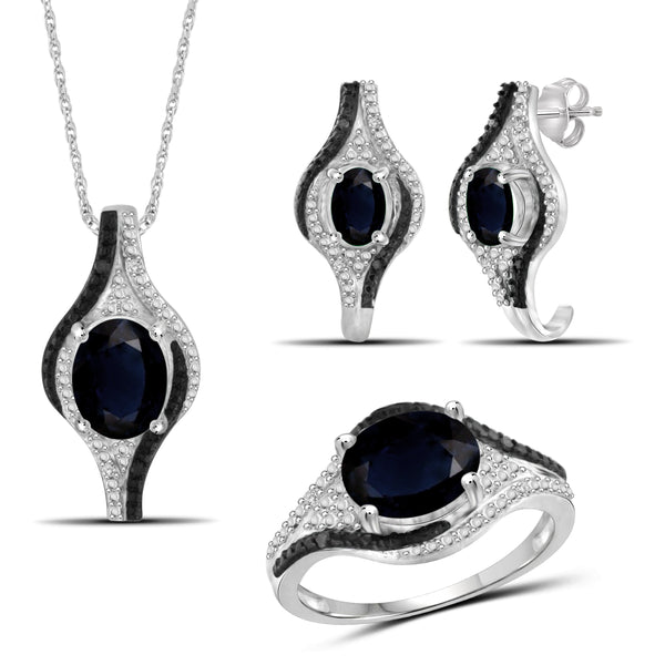 JewelonFire 5.20 Carat T.G.W. Sapphire And 1/10 Carat T.W. Black & White Diamond Sterling Silver 3 Piece Jewelry Set - Assorted Colors