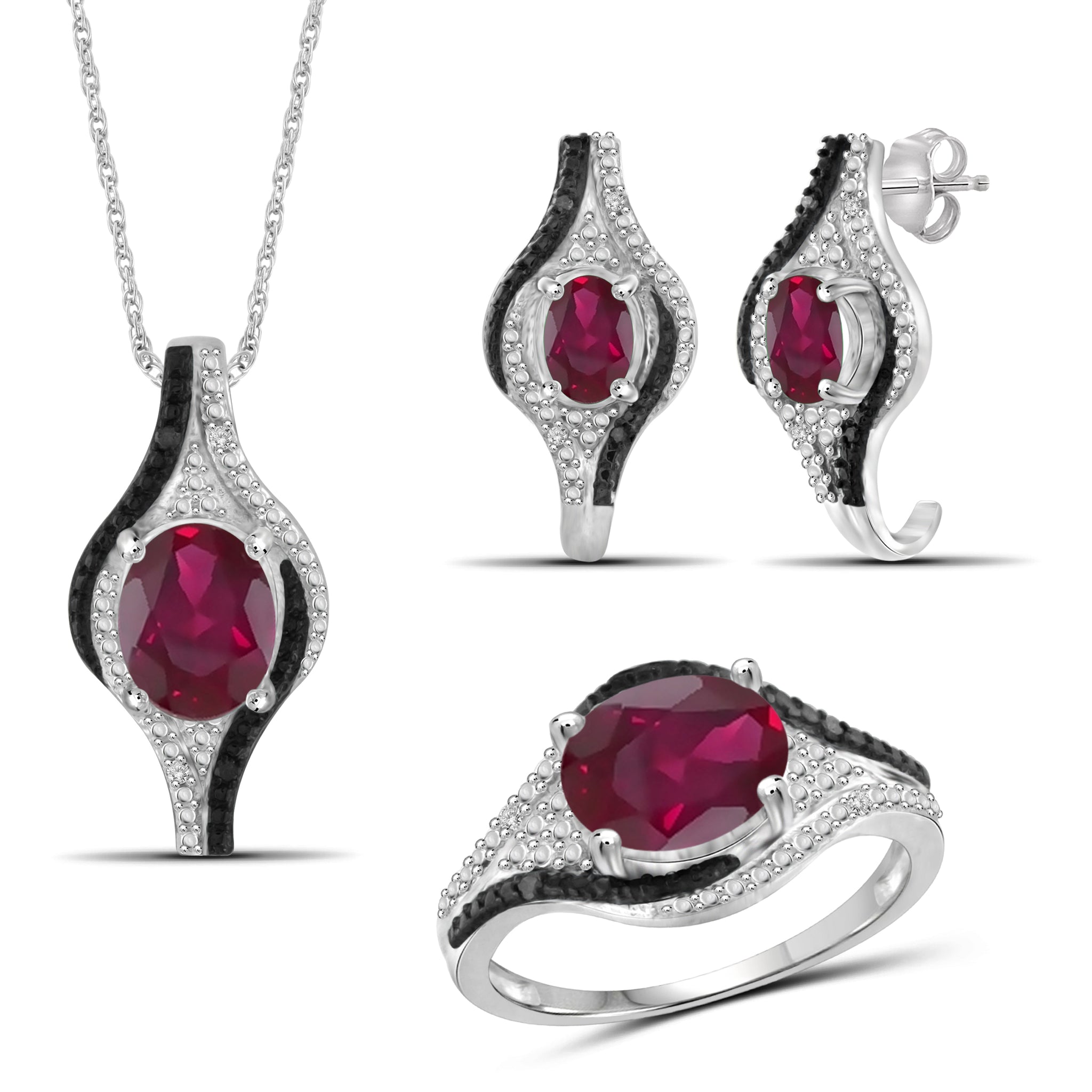 JewelonFire 5.90 Carat T.G.W. Ruby And 1/10 Carat T.W. Black & White Diamond Sterling Silver 3 Piece Jewelry Set - Assorted Colors