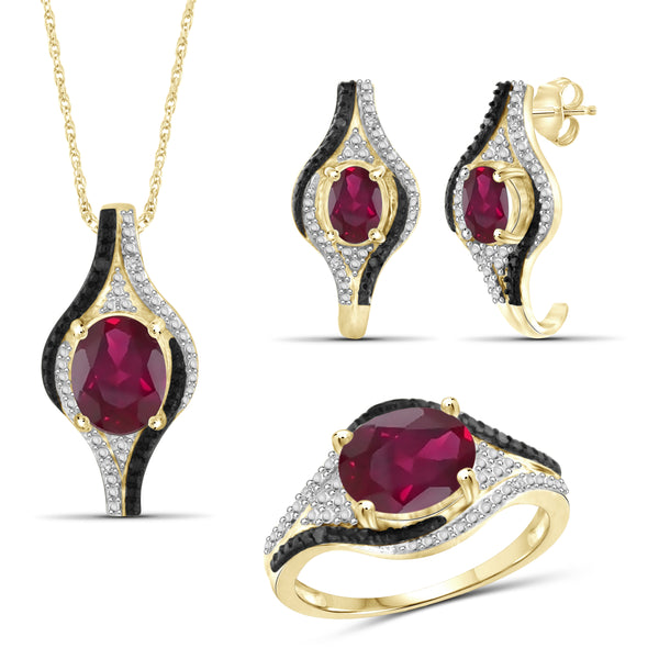 JewelonFire 5.90 Carat T.G.W. Ruby And 1/10 Carat T.W. Black & White Diamond Sterling Silver 3 Piece Jewelry Set - Assorted Colors