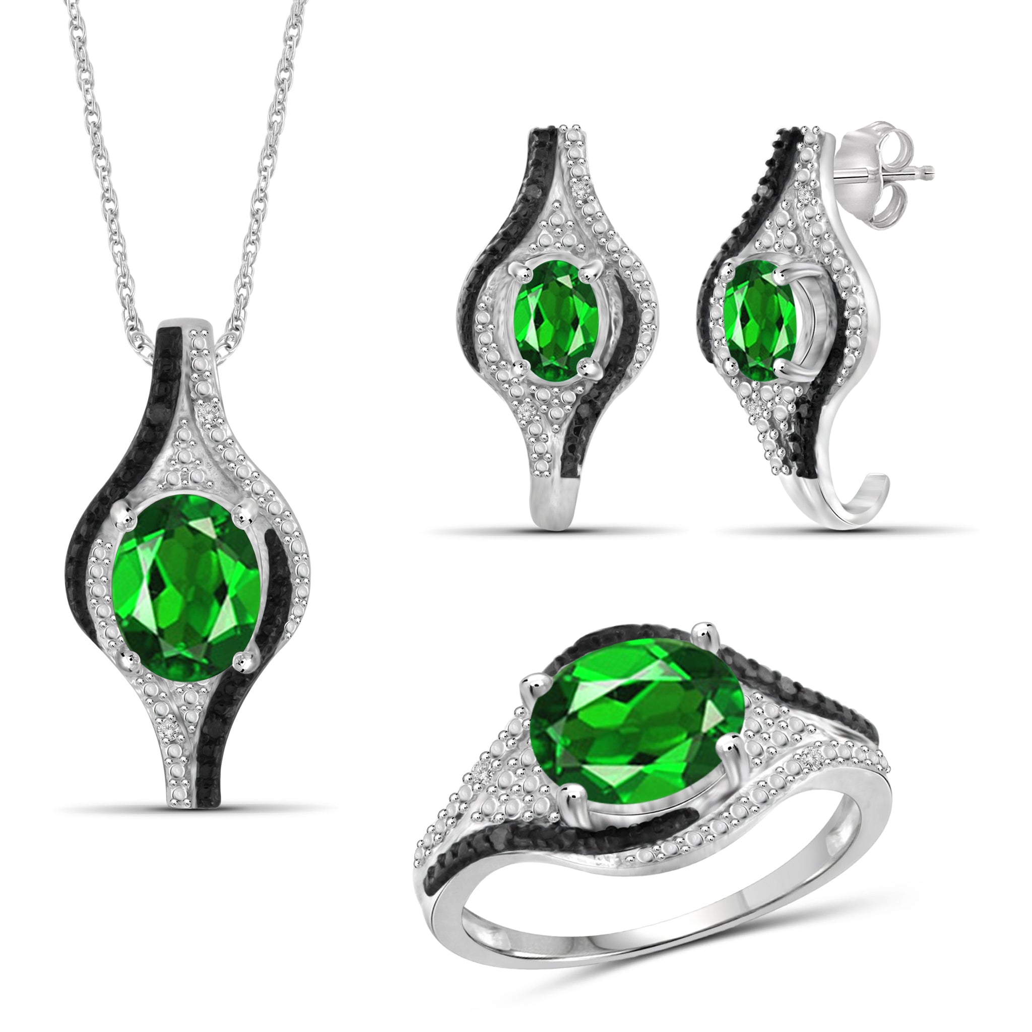 JewelonFire 4.20 Carat T.G.W. Chrome Diopside And 1/10 Carat T.W. Black & White Diamond Sterling Silver 3 Piece Jewelry Set - Assorted Colors