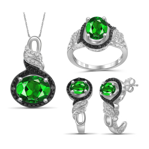 JewelonFire 4.20 Carat T.G.W. Chrome Diopside And 1/20 Carat T.W. Black & White Diamond Sterling Silver 3 Piece Jewelry Set - Assorted Colors