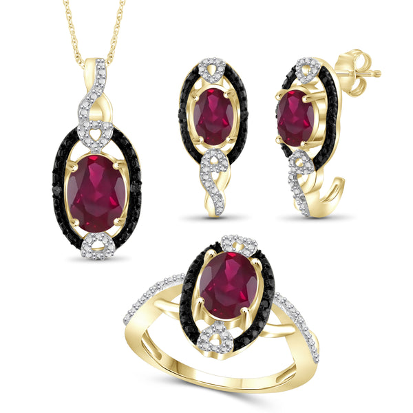 JewelonFire 4.80 Carat T.G.W. Ruby And 1/20 Carat T.W. Black & White Diamond Sterling Silver 3 Piece Jewelry Set - Assorted Colors