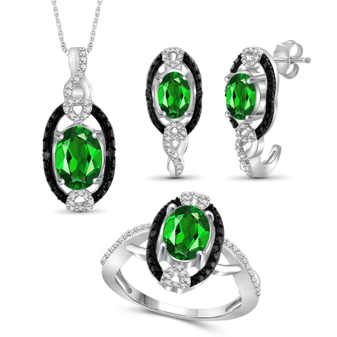 JewelonFire 3.50 Carat T.G.W. Chrome Diopside And 1/20 Carat T.W. Black & White Diamond Sterling Silver 3 Piece Jewelry Set - Assorted Colors
