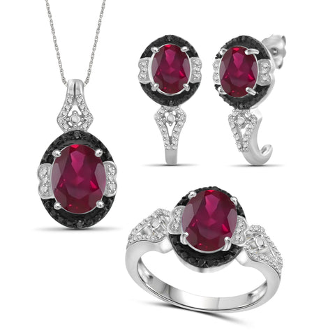 JewelonFire 6.70 Carat T.G.W. Ruby And 1/10 Carat T.W. Black & White Diamond Sterling Silver 3 Piece Jewelry Set - Assorted Colors
