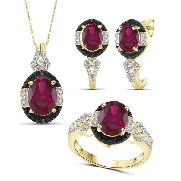 JewelonFire 6.70 Carat T.G.W. Ruby And 1/10 Carat T.W. Black & White Diamond Sterling Silver 3 Piece Jewelry Set - Assorted Colors