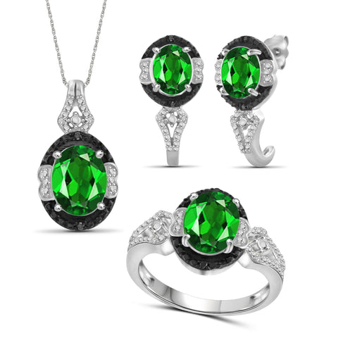 JewelonFire 4.70 Carat T.G.W. Chrome Diopside And 1/10 Carat T.W. Black & White Diamond Sterling Silver 3 Piece Jewelry Set - Assorted Colors