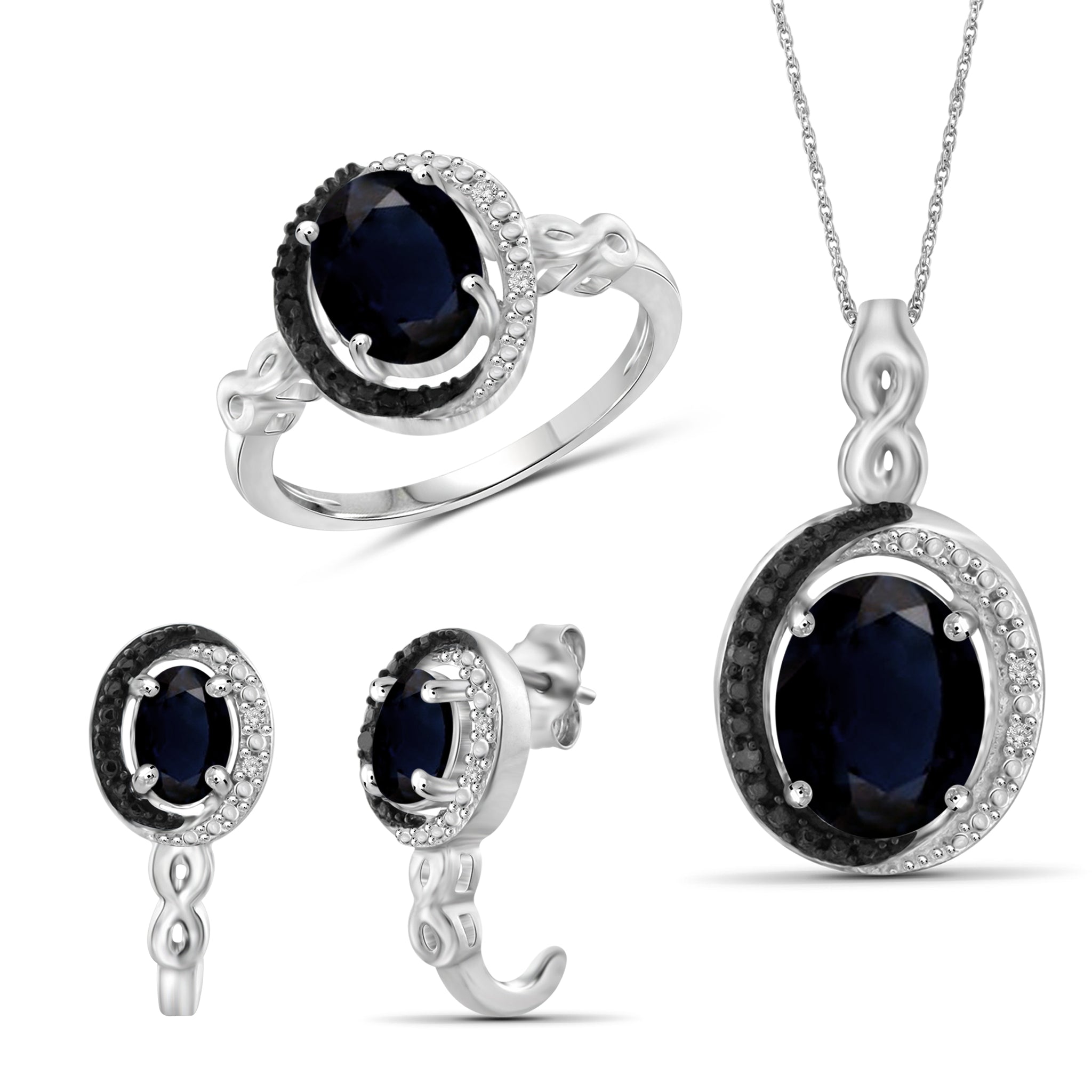 JewelonFire 5.20 Carat T.G.W. Sapphire And 1/20 Carat T.W. Black & White Diamond Sterling Silver 3 Piece Jewelry Set - Assorted Colors