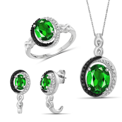 JewelonFire 4.20 Carat T.G.W. Chrome Diopside And 1/20 Carat T.W. Black & White Diamond Sterling Silver 3 Piece Jewelry Set - Assorted Colors