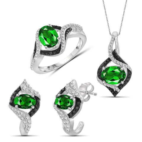 JewelonFire 3.50 Carat T.G.W. Chrome Diopside And 1/10 Carat T.W. Black & White Diamond Sterling Silver 3 Piece Jewelry Set - Assorted Colors