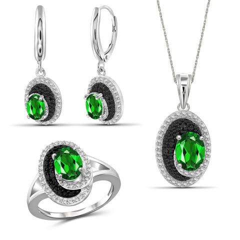 JewelonFire 3.50 Carat T.G.W. Chrome Diopside And 1/20 Carat T.W. Black & White Diamond Sterling Silver 3 Piece Jewelry Set - Assorted Colors