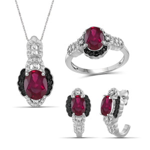 JewelonFire 4.80 Carat T.G.W. Ruby And 1/10 Carat T.W. Black & White Diamond Sterling Silver 3 Piece Jewelry Set - Assorted Colors