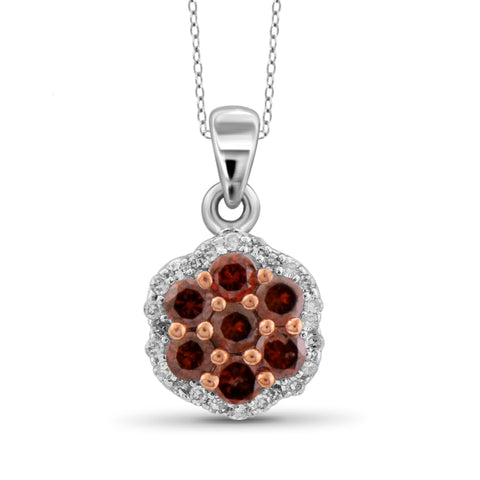 JewelonFire 1/2 Carat T.W. Red And White Diamond Sterling Silver Cluster Pendant